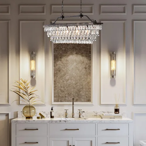 Miniatura 3 de Edvivi Candelabro de cristal lineal rectangular de lujo, 4 luces glamorosas con acabado de bronce antiguo, lámpara de techo ajustable, comedor, isla