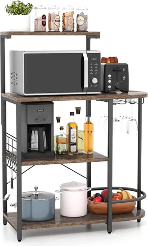 GOFLAME Estante de cocina de 4 niveles, soporte industrial para horno microondas con estante superior desmontable, 6 ganchos extraíbles, soportes de