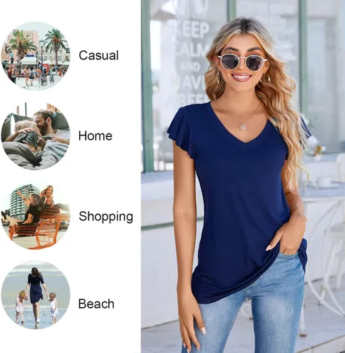 Miniatura 5 de HOTGIFT Camiseta de manga corta para mujer, estilo casual, para playa, plisada, para leggings