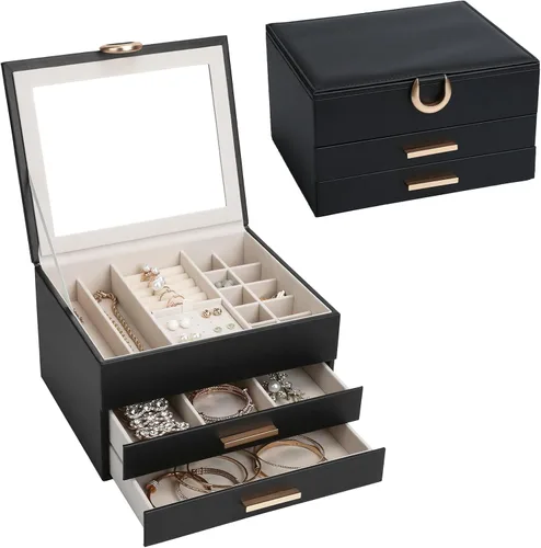 Miniatura 16 de Elegant Gift Jewelry Box with Mirror - 3-Layer Organizer for Earrings, Rings, Necklaces, Ready to Give for Birthday Anniversary Christmas Apricot