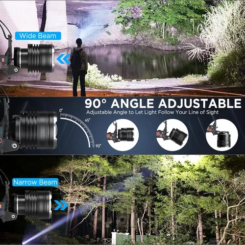 Miniatura 5 de NJ FOREVER - Linterna frontal LED recargable, 3000 lúmenes, súper brillante, con 5 modos, ajustable a 90°, recargable por USB, impermeable