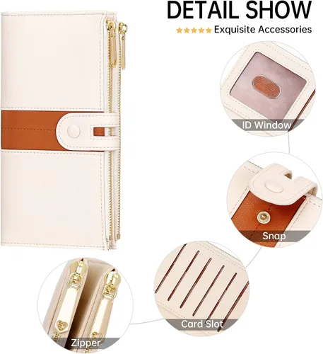Miniatura 6 de GEEAD Slim mujeres carteras cuero plegable multi titular de la tarjeta de la cartera con cremallera bolsillo gran capacidad, Beige Marrón, Compacto