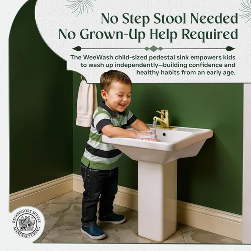 Miniatura 3 de Renovators Supply Manufacturing WeeWash - Fregadero de pedestal de baño infantil de 21.5 pulgadas de alto x 16 pulgadas de ancho, porcelana vítrea