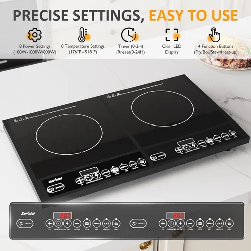 Miniatura 3 de Sunvivi Cocina de inducción portátil: 2 quemadores en 1, estufa eléctrica de encimera de grado comercial con pantalla táctil LED, 8 niveles