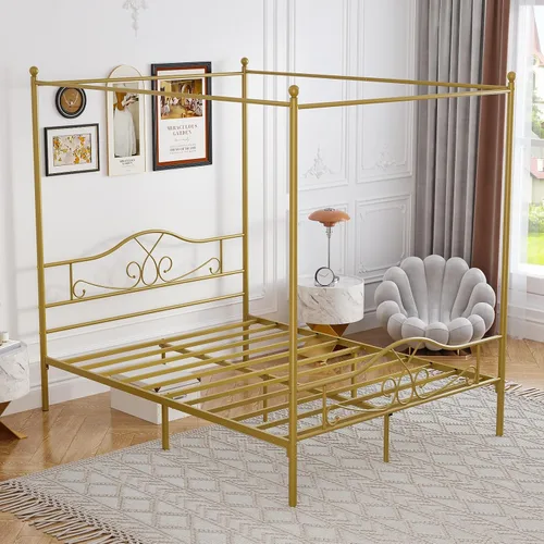 Miniatura 4 de Weehom - Estructura de cama con dosel individual, con cabecero y pie de cama, cortinas de cuatro postes de metal, diseño de plataforma de cama