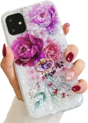 Miniatura 13 de Qokey Funda compatible con iPhone 11 de 6.1 pulgadas, diseño floral transparente para mujer con soporte de anillo giratorio de 360 grados, funda