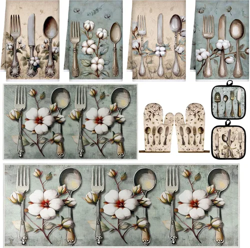 Miniatura 24 de Fourluoo Juego de 10 piezas de decoración y accesorios de cocina de granja, 4 toallas de cocina, 2 soportes para ollas, 2 guantes de horno, 2 Verde