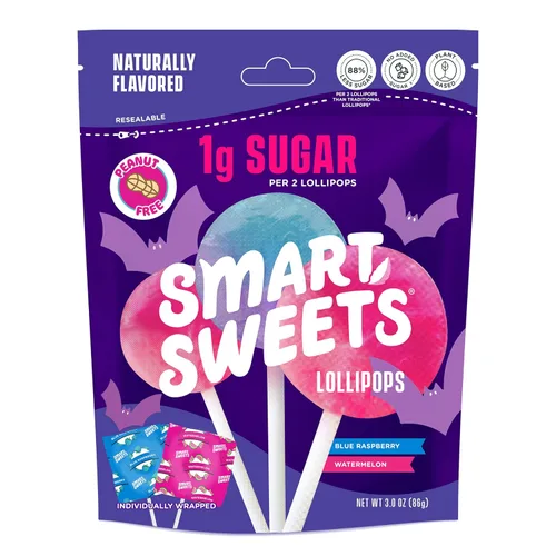SmartSweets - Paletas de Halloween | 3 oz (12 paletas por paquete) | Caramelo de gomitas bajo en azúcar y calorías | Snacks saludables para niños,