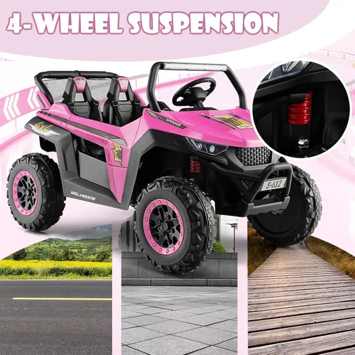 Miniatura 6 de OLAKIDS Vehículo eléctrico de 2 plazas para niños, UTV de 12 V con control remoto, suspensión de resorte, arranque suave, música Bluetooth FM