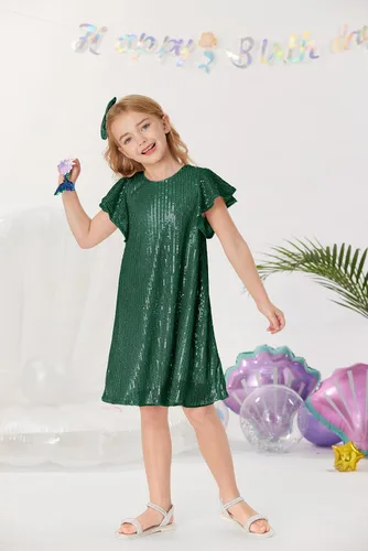 Miniatura 5 de GRACE KARIN Vestido de lentejuelas para niñas, manga corta, con vuelo, silueta acampanada, vestido midi con lazo para el pelo, 5-12 años