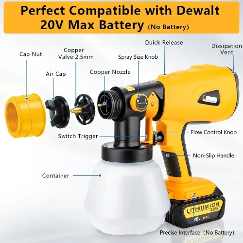 Miniatura 2 de Pulverizador de pintura compatible con batería DEWALT 20V MAX, pistola de pintura eléctrica HVLP inalámbrica con 3 patrones de pulverización y 4