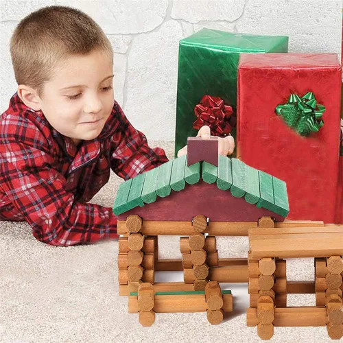 Miniatura 3 de 90 piezas de bloques de construcción de madera para niños pequeños, juego de troncos de cabaña de madera clásico, juguete educativo preescolar