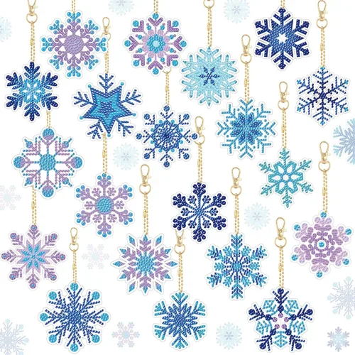 Tondiamo Juego de 20 llaveros de pintura de diamantes de copo de nieve 5D DIY para bricolaje, adornos de diamantes de invierno, colgantes de doble