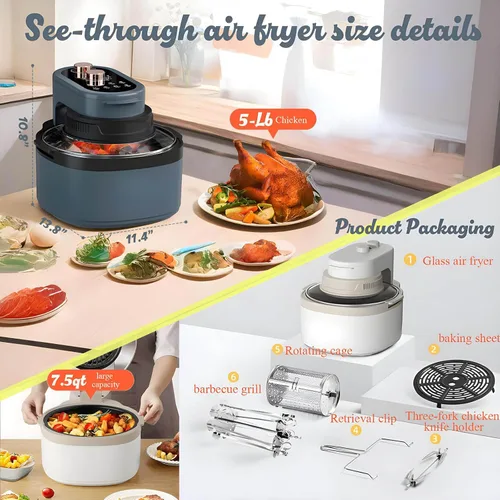 Miniatura 3 de Combo de horno tostador de freidora de aire 8 en 1: freidora de aire de vidrio grande de 7.5 cuartos de galón para la familia, tecnología HotAir