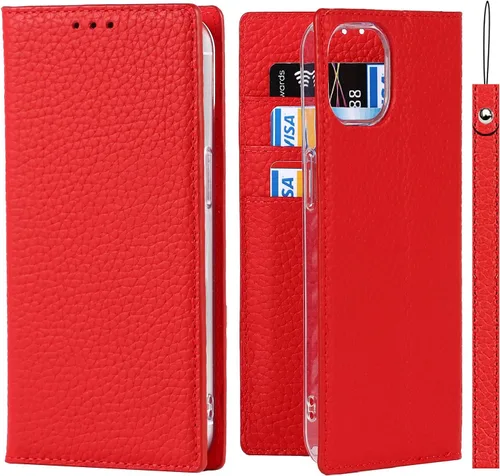 Miniatura 23 de iCoverCase Compatible con iPhone 13 Pro Max, funda magnética de piel auténtica con bloqueo RFID, correa para la muñeca y ranuras para tarjetas, Rojo
