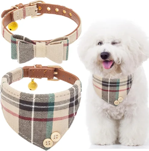 Miniatura 14 de EXPAWLORER Juego de collar y correa para perro - Corbata de moño clásica a cuadros para perro y collar bandana para perro con campana, correa