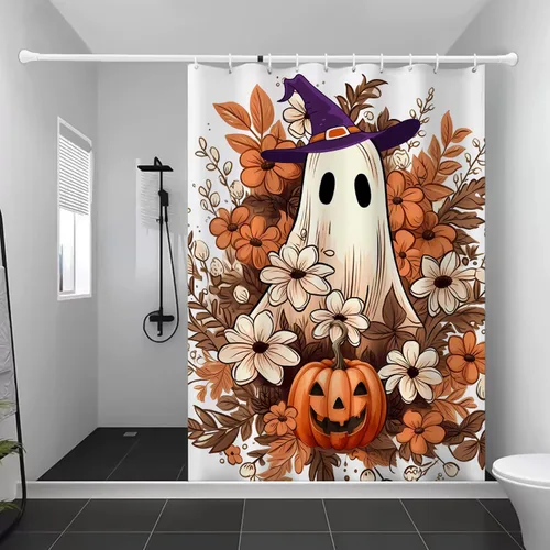 Miniatura 4 de Cortina de ducha de Halloween, cortina de ducha de fantasma espeluznante con 12 ganchos, cortinas de ducha florales de Halloween para decoración