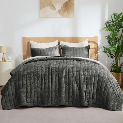 Miniatura 29 de BEDELITE Juego de edredón de terciopelo tamaño Queen – Juego de ropa de cama de terciopelo de lujo de 3 piezas, suave y acogedor color negro, colcha