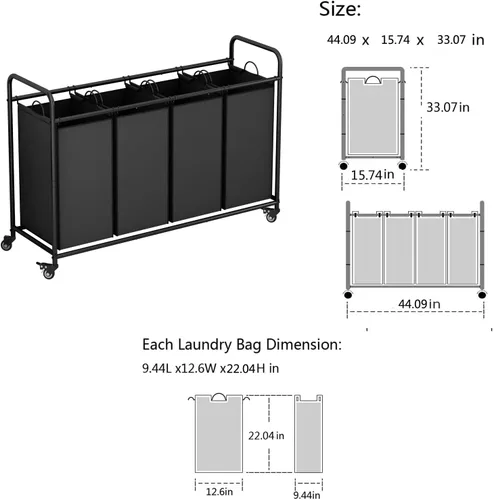 Miniatura 5 de Clasificador de ropa sucia de 4 secciones con ruedas enrollables resistentes y bloqueables, bolsas extraíbles, separador de cestas