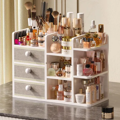 Miniatura 10 de Organizador de maquillaje grande de bambú para tocador, organizador de baño de bambú de 3 niveles de gran capacidad y almacenamiento, soporte