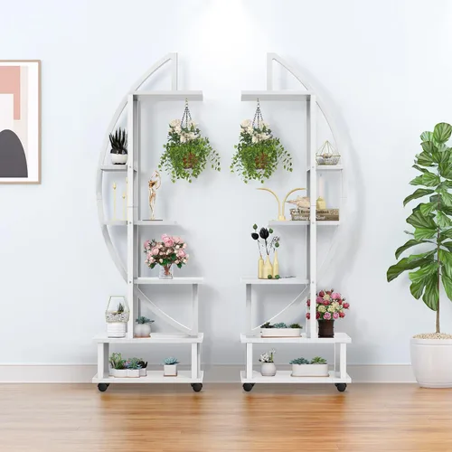 Miniatura 5 de 2 soportes de metal de 6 niveles altos para plantas de interior con ruedas desmontables, soporte para plantas para espacios exteriores con lazo