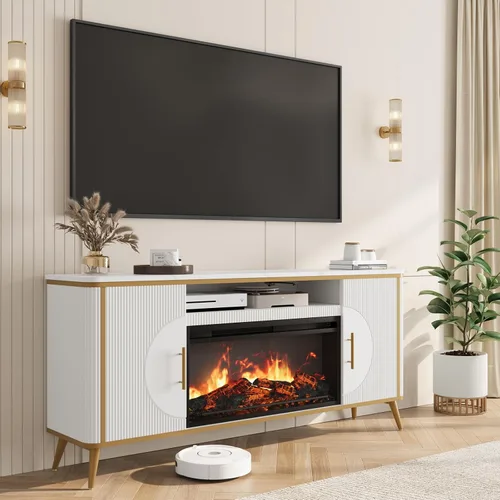 Miniatura 11 de Soporte de TV con chimenea acanalada de hasta 80 pulgadas, moderno centro de entretenimiento con chimenea eléctrica de 30 pulgadas, consola