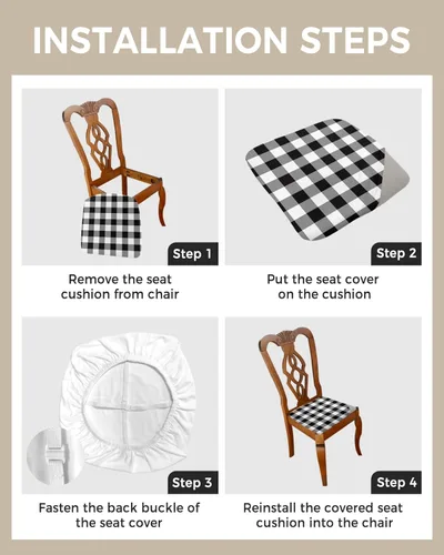 Miniatura 4 de Juego de 6 fundas para asiento de silla de comedor, diseño clásico a cuadros blancos y negros, decoración navideña, extraíble, elásticas, fundas