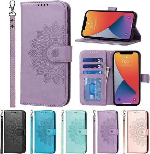 Funda tipo libro magnético de piel con estampado de flores, con soporte, ranuras para tarjetas y compartimento para correa, color morado