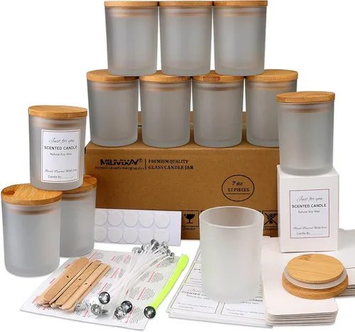 Miniatura 26 de MILIVIXAY Paquete de 12 unidades de tarros de vela de 7 onzas de vidrio transparente con tapas y kits para hacer velas - Tarros de vela vacíos a