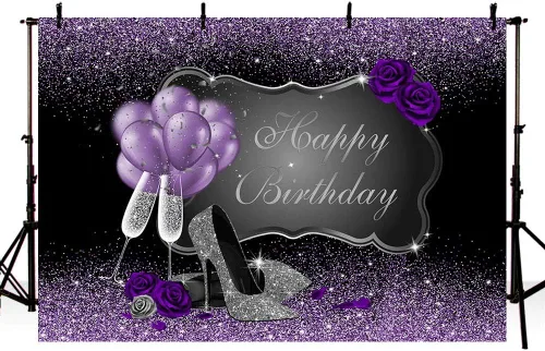 MEHOFOND Accesorios de fondo de fotos en negro y morado, tacones altos plateados, globos de champán, globos de rosa morada, globos de mujer para
