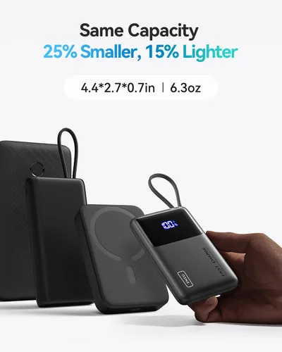 Miniatura 3 de INIU Banco de energía de 45 W, cargador portátil más delgado de 10000 mAh con cable USB-C integrado, batería de entrada y salida USB C de carga Negro