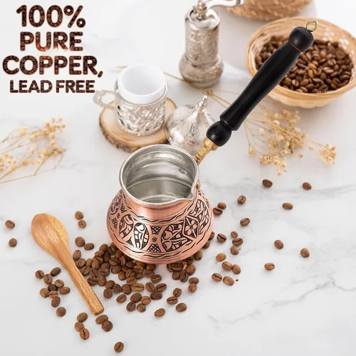 Miniatura 5 de Cafetera turca griega árabe de cobre de 12 onzas con mango de madera (4 tazas), Cezve, Ibrik, cafetera griega Briki, cafetera turca martillada
