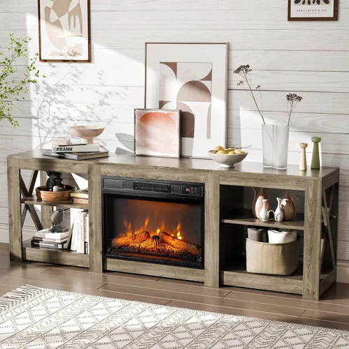 Miniatura 7 de Bonnlo Soporte de TV con chimenea para televisores de hasta 80 pulgadas, centro de entretenimiento rústico con calentador eléctrico y estantes Roble