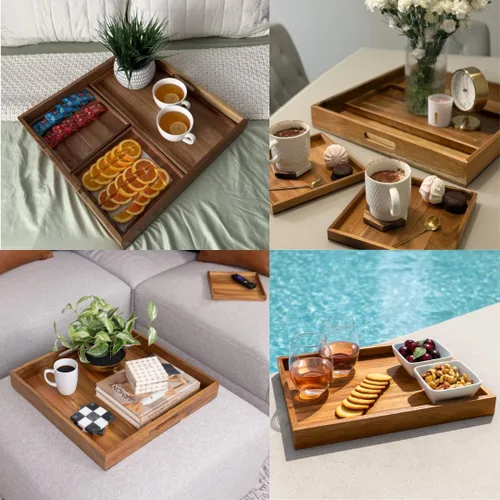Miniatura 9 de Bandeja otomana grande de 20 pulgadas cuadrada. Bandeja de servir premium de madera de acacia para sala de estar, otomano, cocina o como bandeja