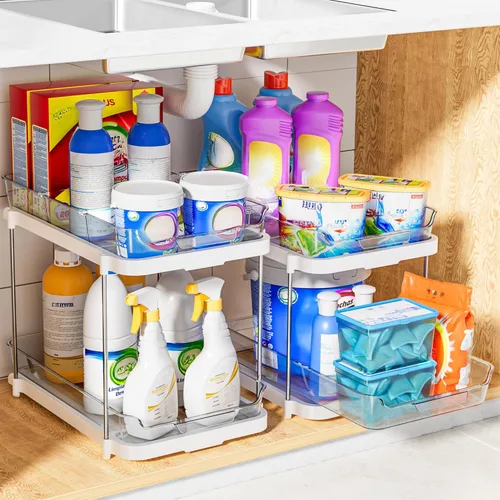 Miniatura 8 de Delamu - Organizadores y almacenamiento de 2 niveles para debajo del fregadero del baño, multiuso, apilables, organización de cocina y despensa