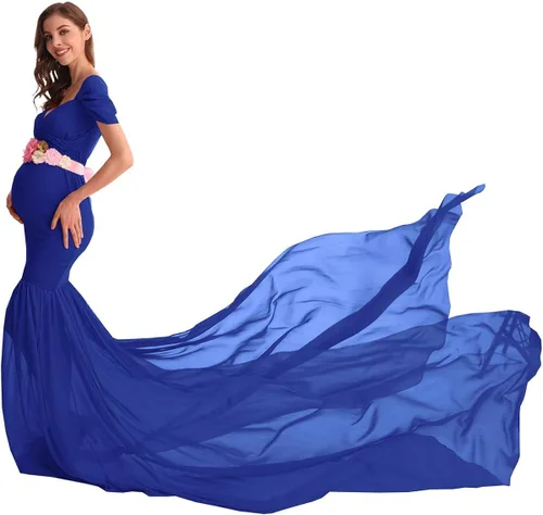 Miniatura 3 de AYMENII Vestido de maternidad de gasa con hombros descubiertos y tren largo, vestido de fotografía para boda, fiesta, fotos, vestido de baby shower