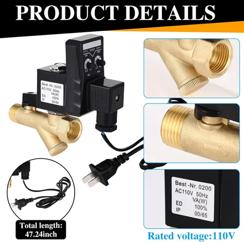 Miniatura 3 de Bonuci Kit de válvula de drenaje electrónica automática, válvula de agua de drenaje de tanque cronometrada de 110 V para aire comprimido