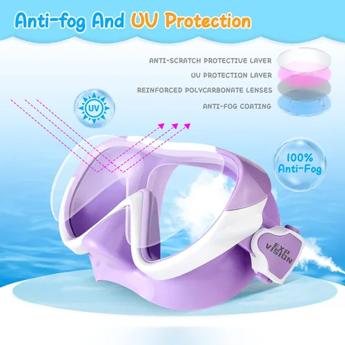 Miniatura 3 de Máscara de natación para niños, máscara de buceo de esnórquel de 180°, gafas de natación antivaho para niños con cubierta para la nariz, gafas