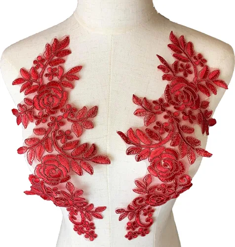 Worlds 1 par de parches de tela de encaje burdeos bordado apliques de encaje motivo floral vestido de novia costura adornos decoración 13.8 x 5.7 in