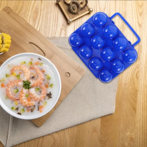 Miniatura 3 de Porta huevos portátil, azul, plástico, caja de almacenamiento de huevos de 6 rejillas con asa, diseño plegable, 150