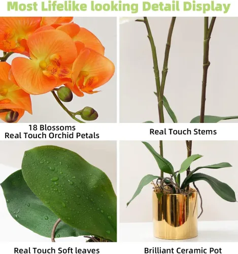 Miniatura 2 de CXGS Planta de orquídeas artificiales de tacto real, orquídeas falsas en jarrón de cerámica, naranja, 19.7 pulgadas, arreglo floral falso