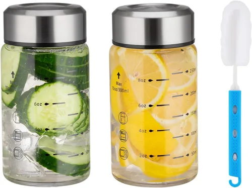 Miniatura 8 de Botellas de vidrio para jugo de 16 onzas, paquete de 2 botellas de agua de boca ancha con tapas para jugo, botellas de jugo reutilizables