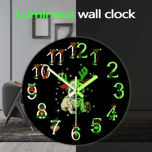 Miniatura 3 de The Geeky Days Reloj que brilla en la oscuridad, adorno de Navidad Pug funciona con pilas, reloj de pared luminoso de cuarzo silencioso con diseño