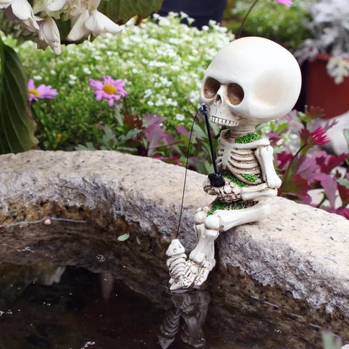 1 estatua de calavera de Halloween, figuras de esqueleto geniales, figuras de esqueleto con temática de pesca, decoración gótica, figura de calavera