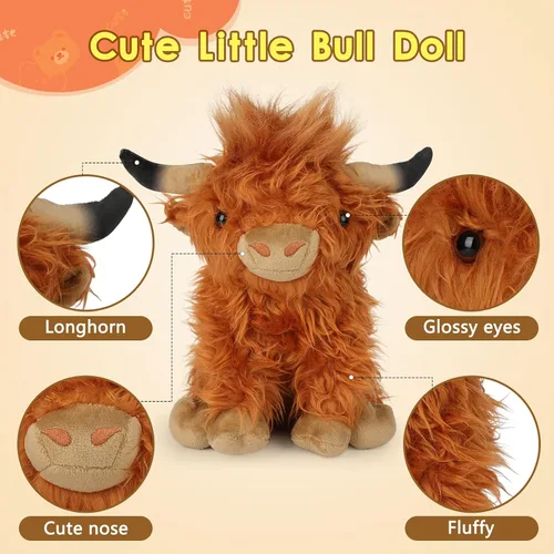 Miniatura 7 de OROZCOR Animal de Peluche de Vaca Highland, Lindos Juguetes de Figuras de Peluche de Vaca Esponjosa, Decoración de Peluche de Ganado Highland