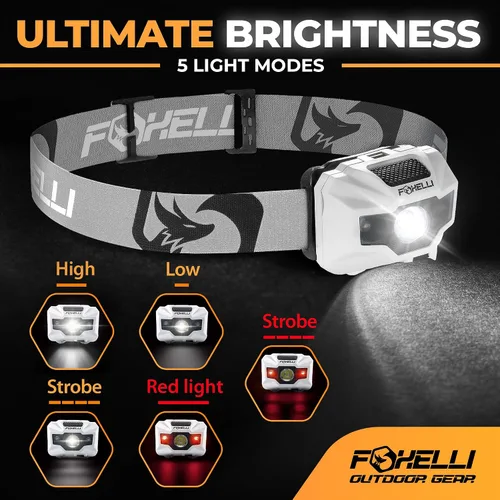 Miniatura 2 de Foxelli Linterna frontal LED recargable USB-C – Ultra ligera 2.4 oz y brillante 180 lúmenes – Luz roja/blanca, 5 modos, IPX5 impermeable, 40 h