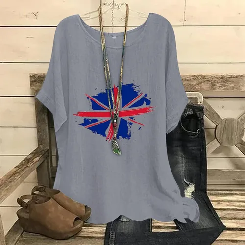Miniatura 2 de ZZWXWA Shirts for Women Trendy Short Sleeve Tunic Blouse Cotton Linen Loose Tops Printed Independence Day Crew-Neck T-Shirt