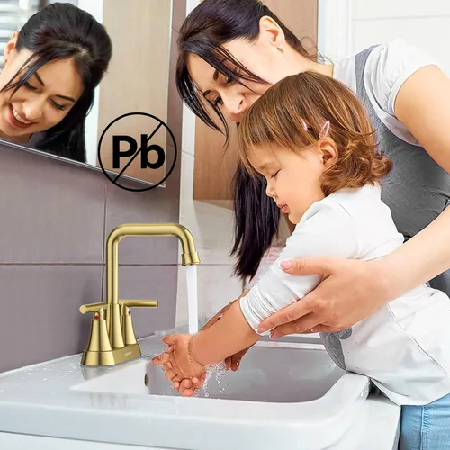 Miniatura 9 de Grifo para Lavabo de Baño, Hurran 4 Pulgadas Dorado Cepillado Grifos de Baño para Lavabo 3 Agujeros con Desagüe Pop-up y Mangueras de Suministro