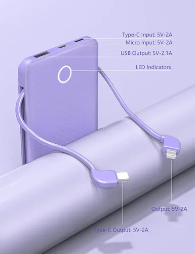 Miniatura 8 de Banco de energía ultra delgado de 6000 mAh, batería externa de 3 salidas compatible con iPhone, 2 unidades, color blanco y morado Paquete de 2 6000