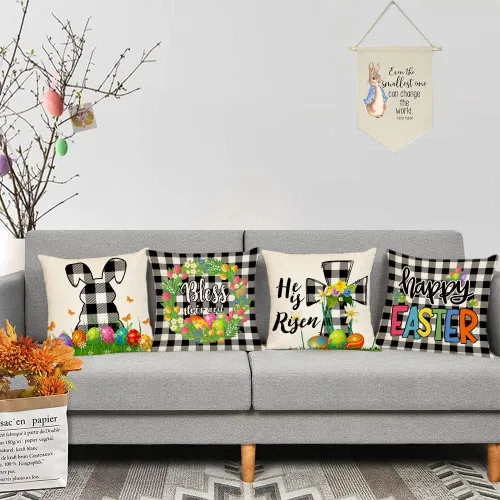 Miniatura 6 de Juego de 4 fundas de almohada de Pascua de 18 x 18 pulgadas, fundas de almohada decorativas de primavera, fundas de cojín para decoración de sofá al